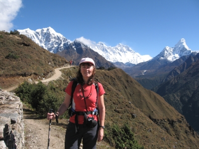First view of Everest (centre) with Ama Dablam to the right